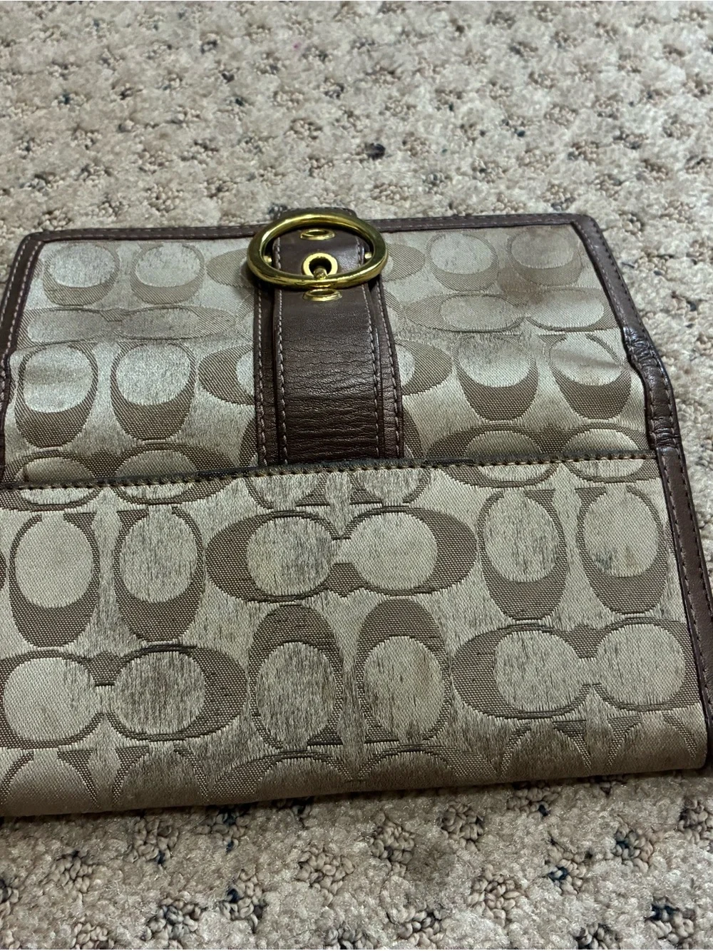 Coach Taupe Signature Canvas Wallet with Brown Trim and Gold Ring